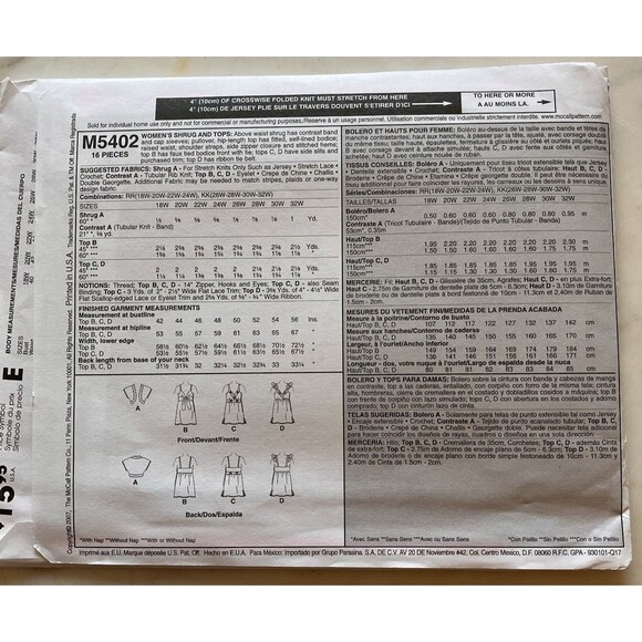 McCall's Pattern M5402 Womens Shrug & Tops 6 Styles Sizes 18W-20W-22W-24W Uncut - Picture 3 of 5
